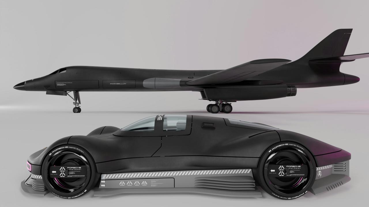 Black bomber jet and futuristic car side-by-side